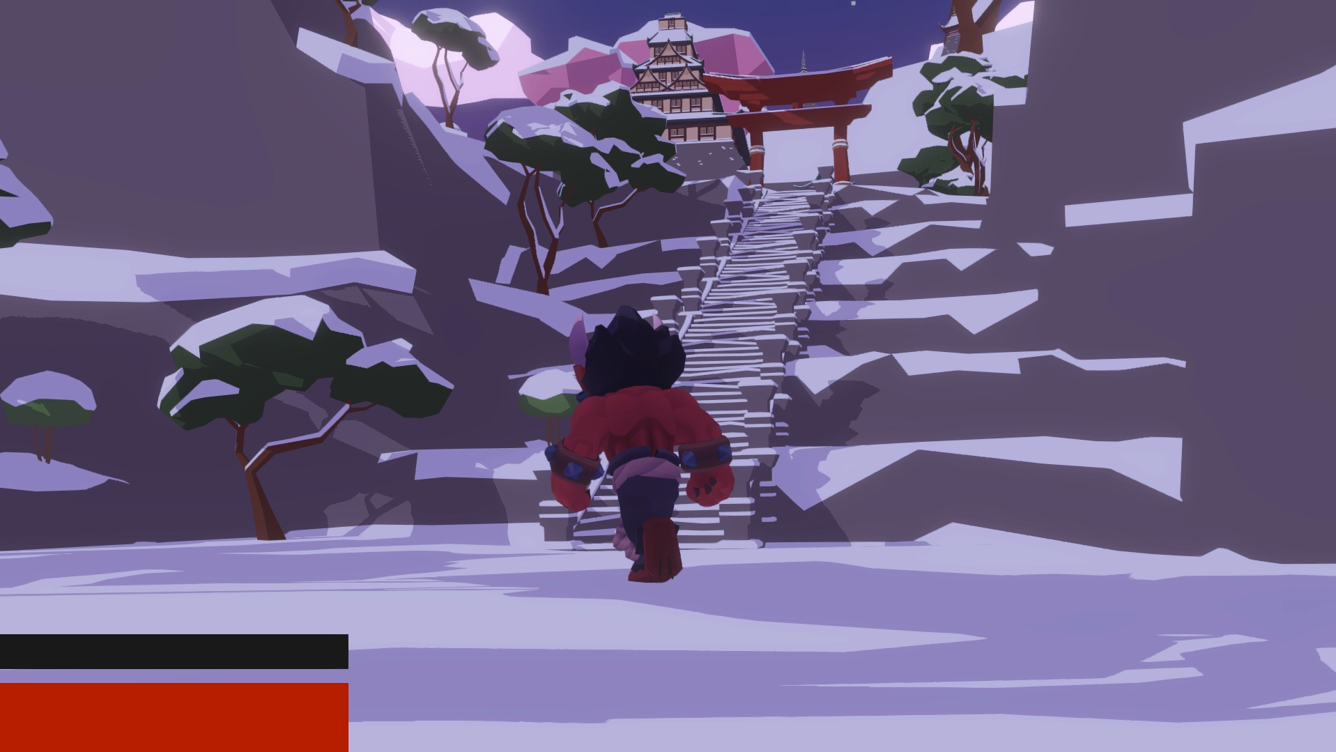 Oni walking towards snowy stone staircase leading to a torii.