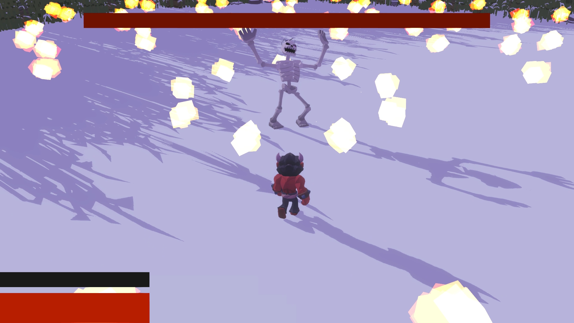 Oni faces a gashadokuro that is raising hands in the air while surrounded by fireballs that orbit around him.