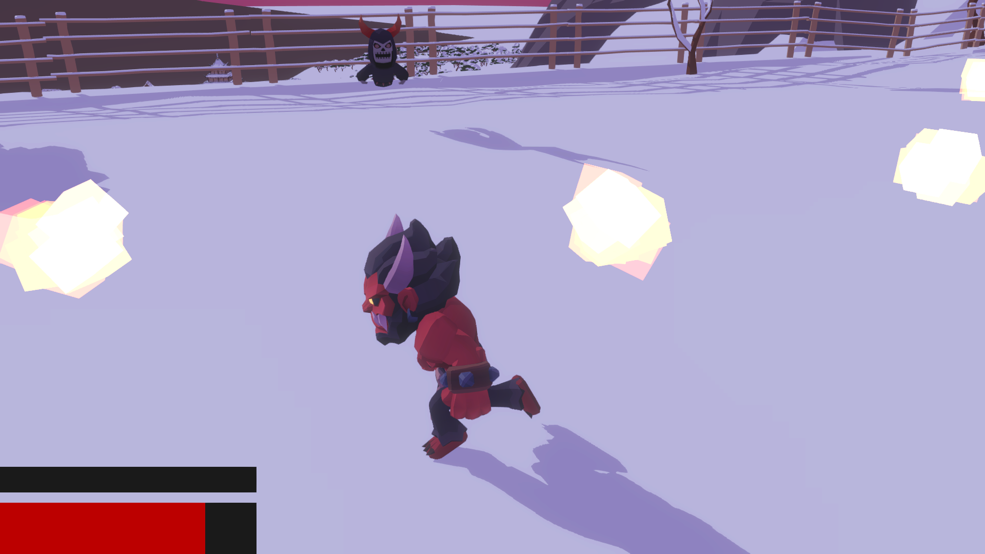 Oni running away from fireball while being chased by mage skeleton with black cloak.