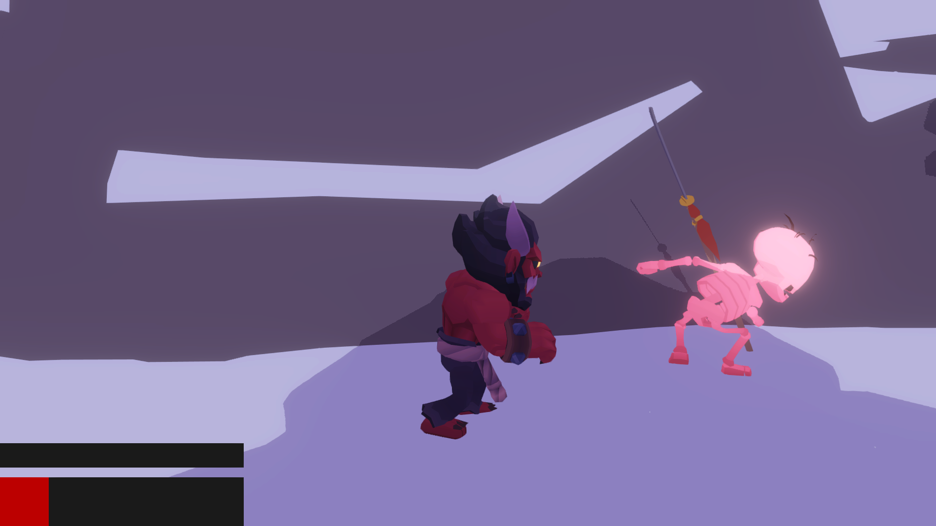 Oni braces for impact as glowing red skeleton swings a naginata at him.